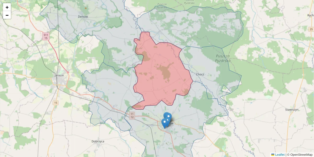 Szczegółowa mapa kodu pocztowego 63-304 z granicami, sąsiednimi kodami pocztowymi i urzędami pocztowymi