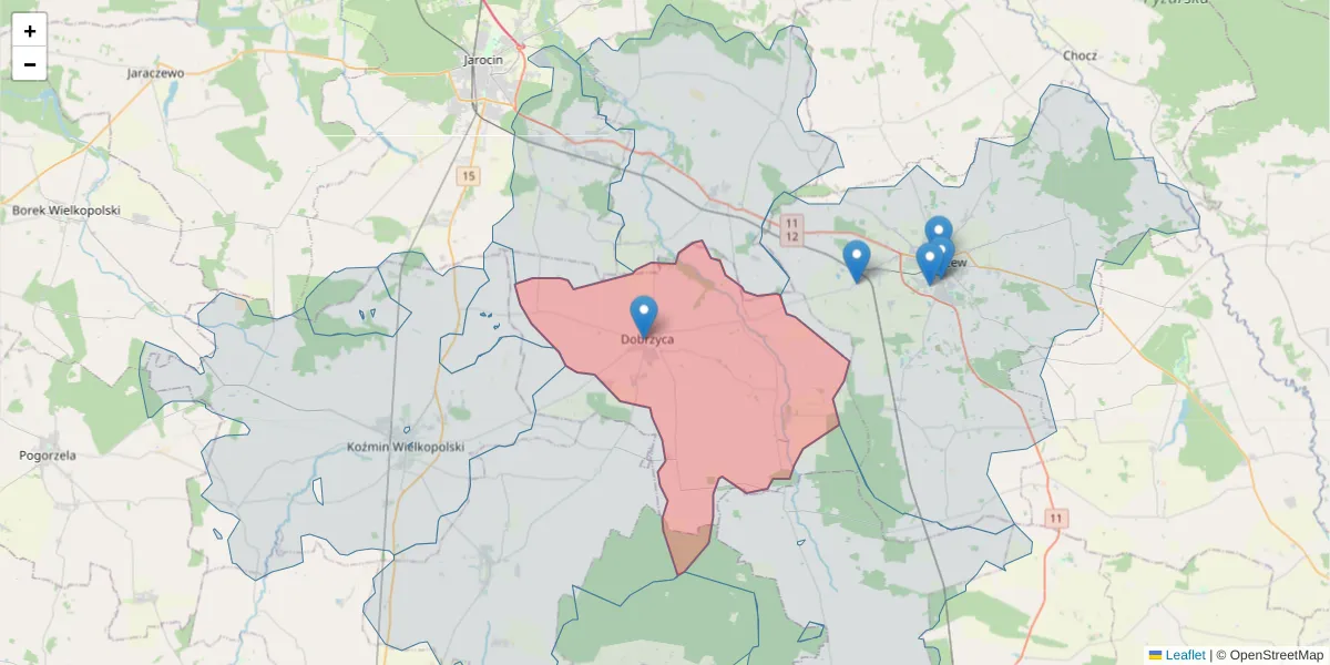 Szczegółowa mapa kodu pocztowego 63-330 z granicami, sąsiednimi kodami pocztowymi i urzędami pocztowymi