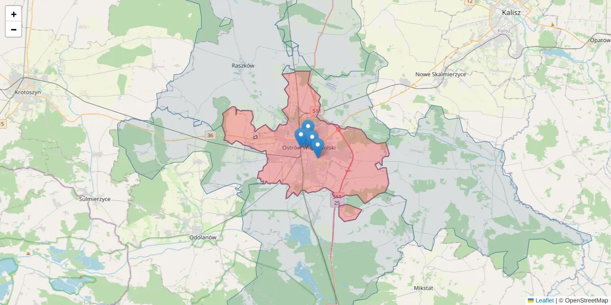 Szczegółowa mapa kodu pocztowego 63-400 z granicami, sąsiednimi kodami pocztowymi i urzędami pocztowymi