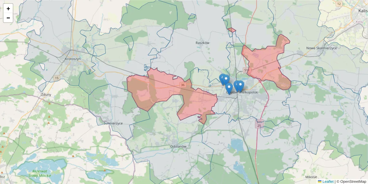 Szczegółowa mapa kodu pocztowego 63-410 z granicami, sąsiednimi kodami pocztowymi i urzędami pocztowymi