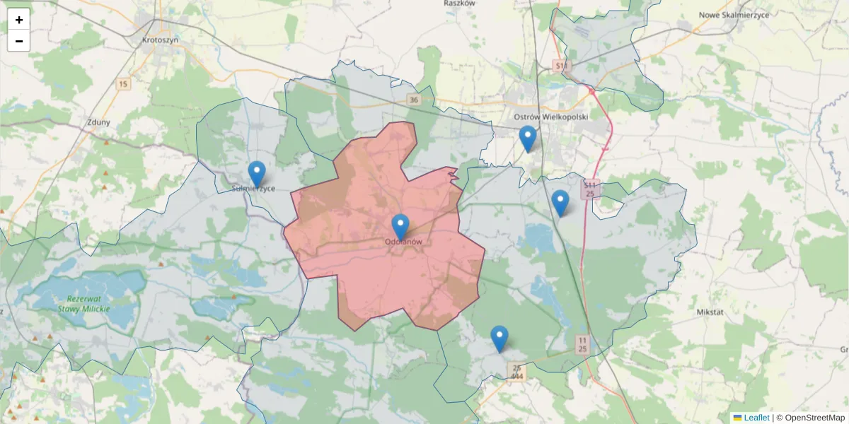 Szczegółowa mapa kodu pocztowego 63-430 z granicami, sąsiednimi kodami pocztowymi i urzędami pocztowymi