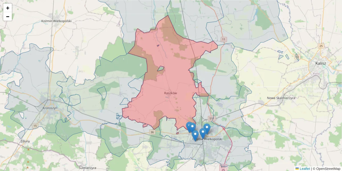 Szczegółowa mapa kodu pocztowego 63-440 z granicami, sąsiednimi kodami pocztowymi i urzędami pocztowymi