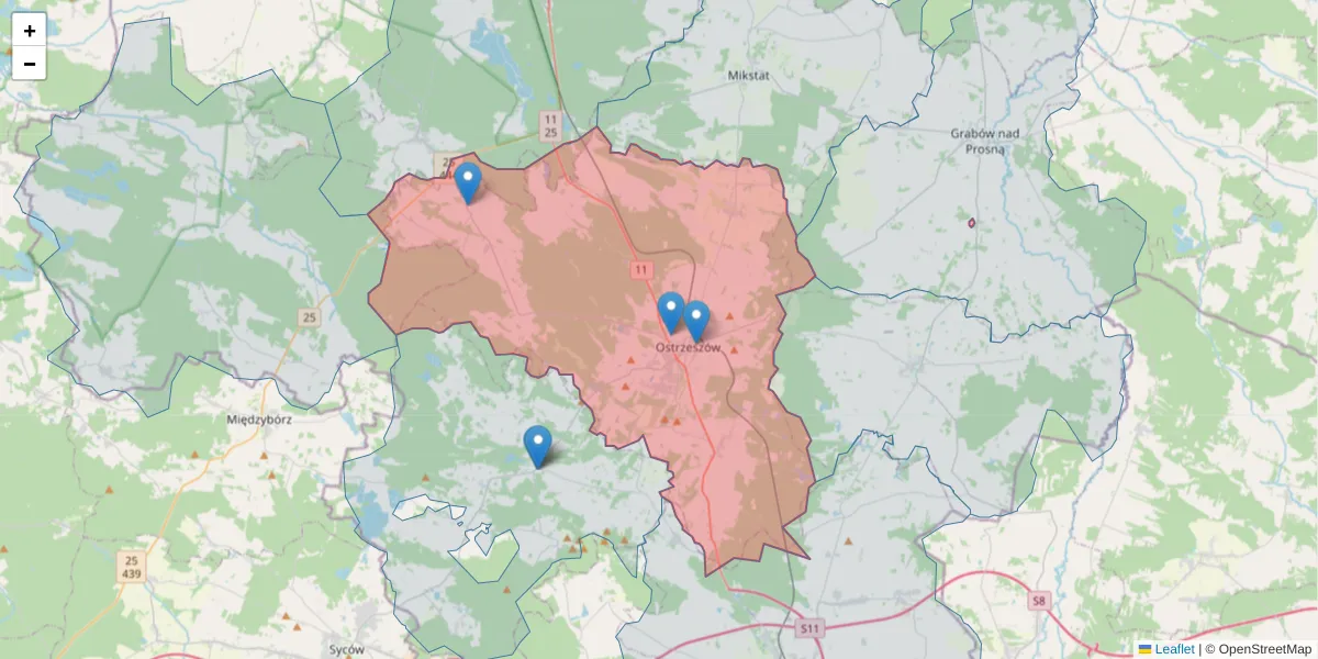 Szczegółowa mapa kodu pocztowego 63-500 z granicami, sąsiednimi kodami pocztowymi i urzędami pocztowymi
