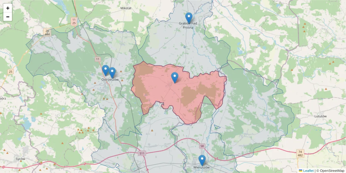 Szczegółowa mapa kodu pocztowego 63-505 z granicami, sąsiednimi kodami pocztowymi i urzędami pocztowymi