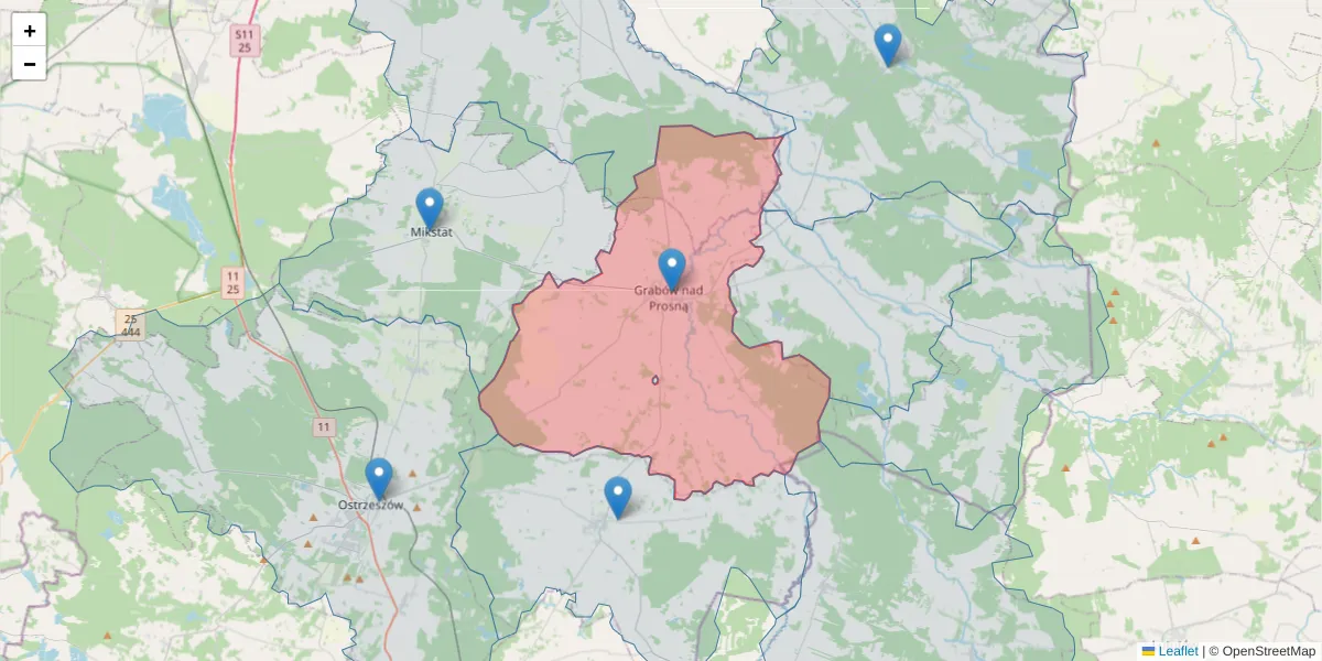 Szczegółowa mapa kodu pocztowego 63-520 z granicami, sąsiednimi kodami pocztowymi i urzędami pocztowymi