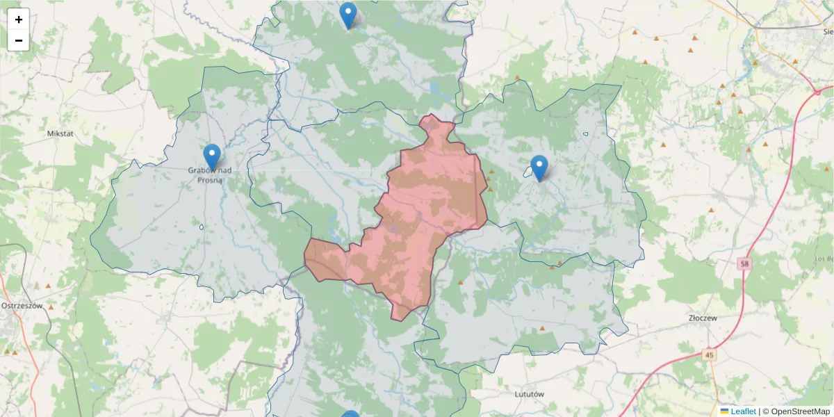 Szczegółowa mapa kodu pocztowego 63-524 z granicami, sąsiednimi kodami pocztowymi i urzędami pocztowymi