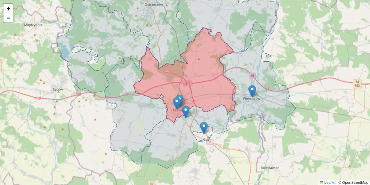 Szczegółowa mapa kodu pocztowego 63-600 z granicami, sąsiednimi kodami pocztowymi i urzędami pocztowymi