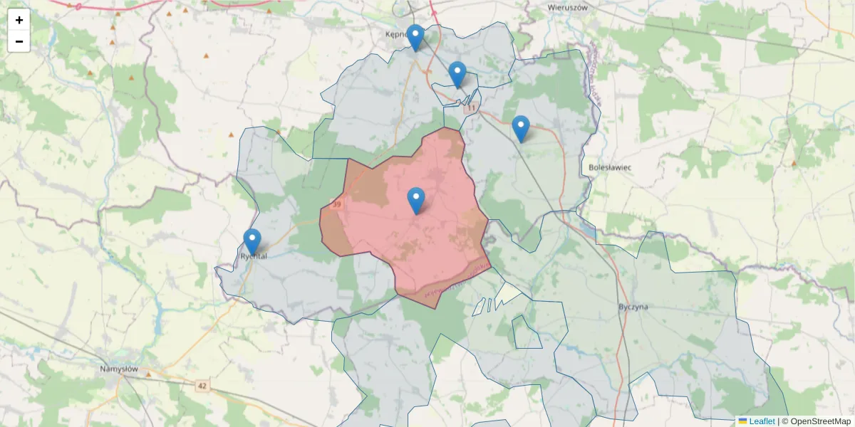 Szczegółowa mapa kodu pocztowego 63-620 z granicami, sąsiednimi kodami pocztowymi i urzędami pocztowymi