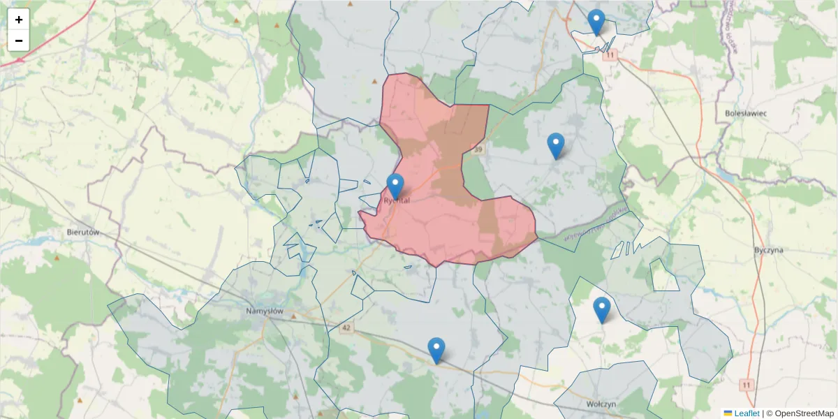 Szczegółowa mapa kodu pocztowego 63-630 z granicami, sąsiednimi kodami pocztowymi i urzędami pocztowymi
