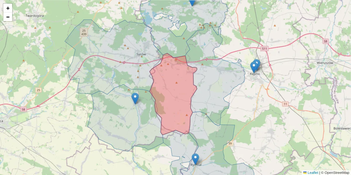 Szczegółowa mapa kodu pocztowego 63-642 z granicami, sąsiednimi kodami pocztowymi i urzędami pocztowymi