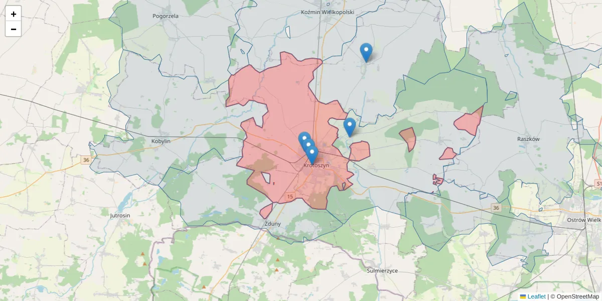 Szczegółowa mapa kodu pocztowego 63-700 z granicami, sąsiednimi kodami pocztowymi i urzędami pocztowymi
