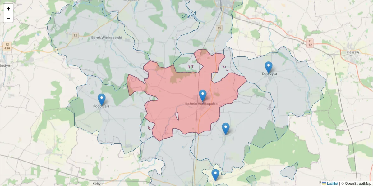 Szczegółowa mapa kodu pocztowego 63-720 z granicami, sąsiednimi kodami pocztowymi i urzędami pocztowymi