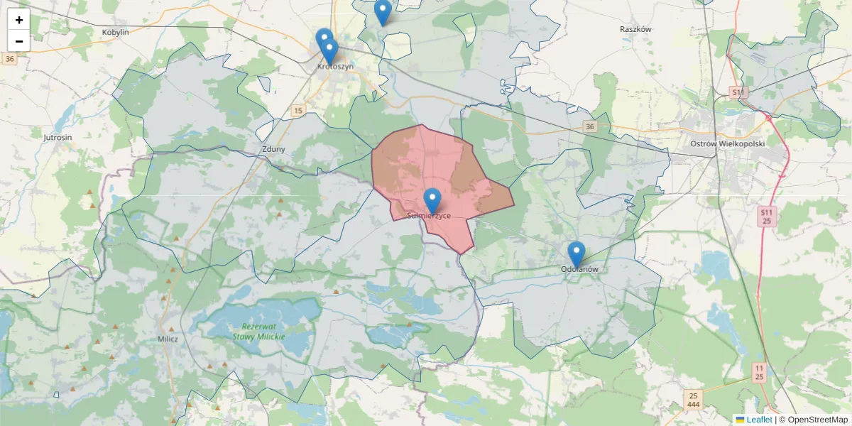 Szczegółowa mapa kodu pocztowego 63-750 z granicami, sąsiednimi kodami pocztowymi i urzędami pocztowymi