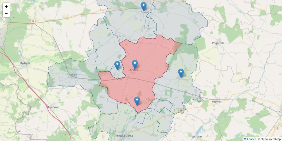 Szczegółowa mapa kodu pocztowego 63-840 z granicami, sąsiednimi kodami pocztowymi i urzędami pocztowymi