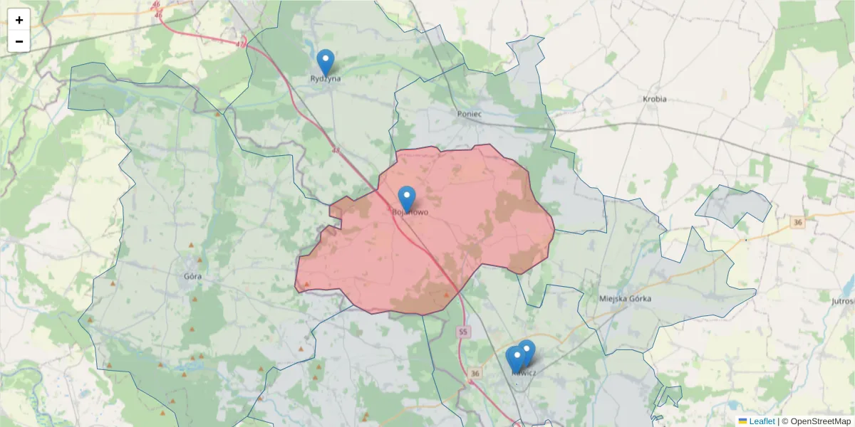 Szczegółowa mapa kodu pocztowego 63-940 z granicami, sąsiednimi kodami pocztowymi i urzędami pocztowymi