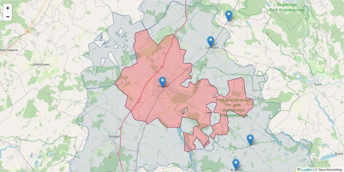 Szczegółowa mapa kodu pocztowego 64-000 z granicami, sąsiednimi kodami pocztowymi i urzędami pocztowymi
