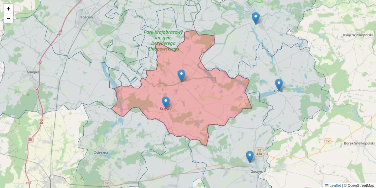 Szczegółowa mapa kodu pocztowego 64-010 z granicami, sąsiednimi kodami pocztowymi i urzędami pocztowymi