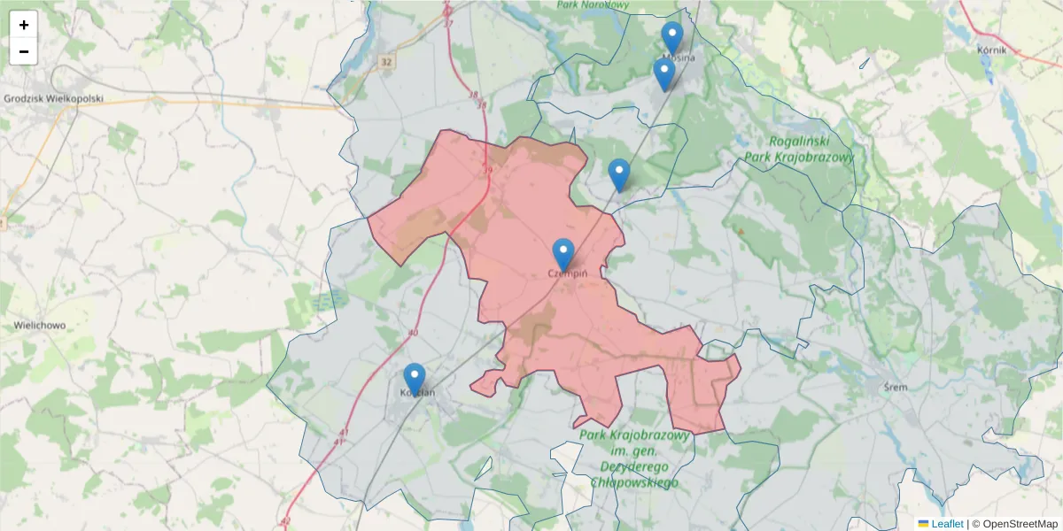 Szczegółowa mapa kodu pocztowego 64-020 z granicami, sąsiednimi kodami pocztowymi i urzędami pocztowymi