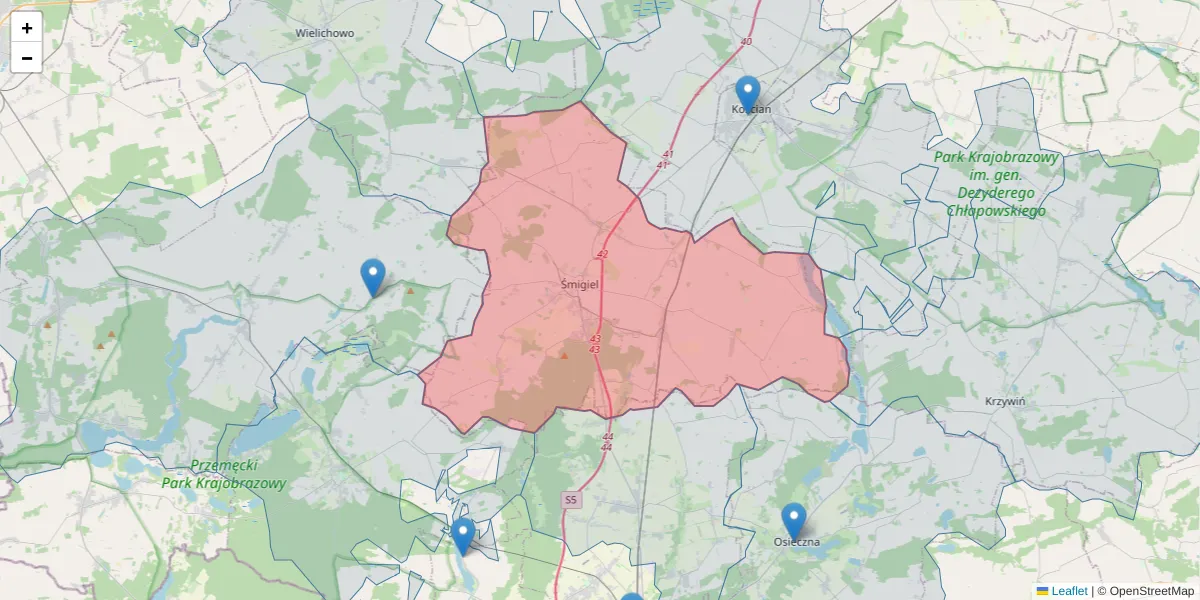 Szczegółowa mapa kodu pocztowego 64-030 z granicami, sąsiednimi kodami pocztowymi i urzędami pocztowymi