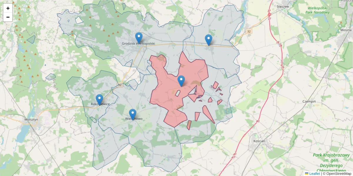 Szczegółowa mapa kodu pocztowego 64-061 z granicami, sąsiednimi kodami pocztowymi i urzędami pocztowymi