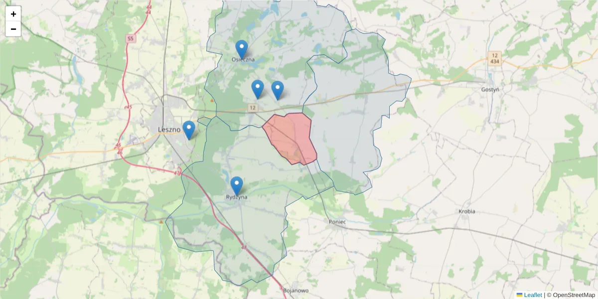 Szczegółowa mapa kodu pocztowego 64-122 z granicami, sąsiednimi kodami pocztowymi i urzędami pocztowymi