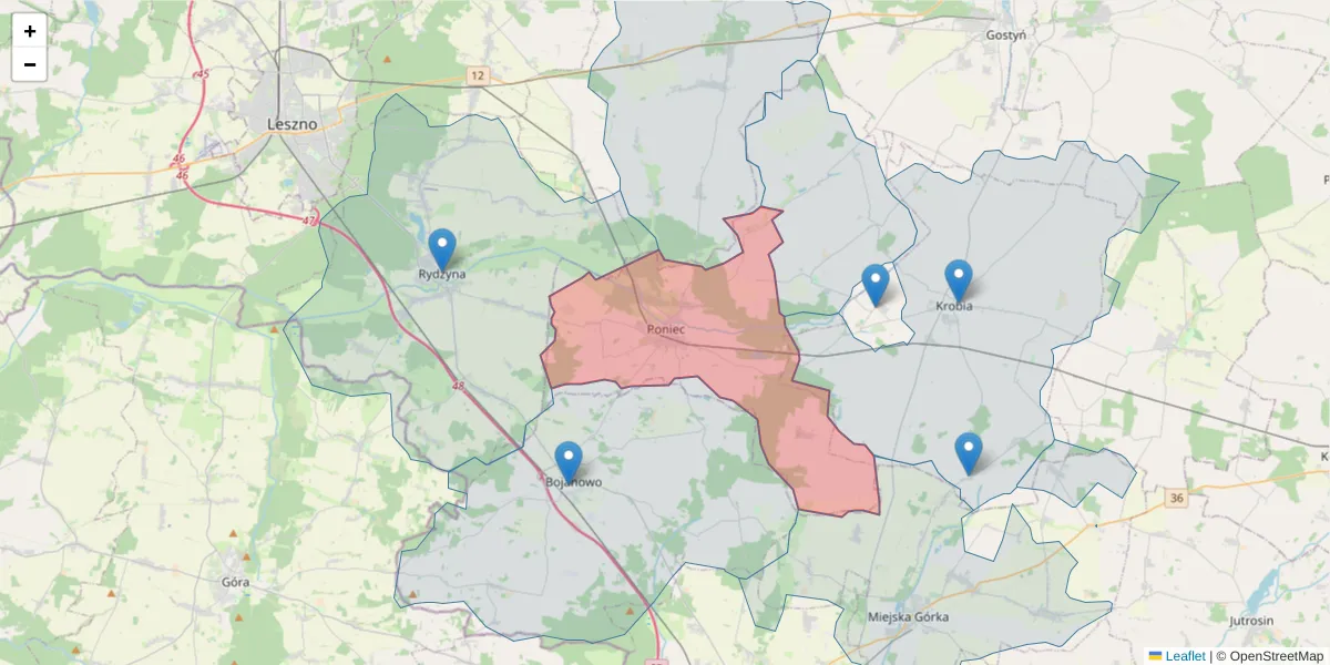Szczegółowa mapa kodu pocztowego 64-125 z granicami, sąsiednimi kodami pocztowymi i urzędami pocztowymi