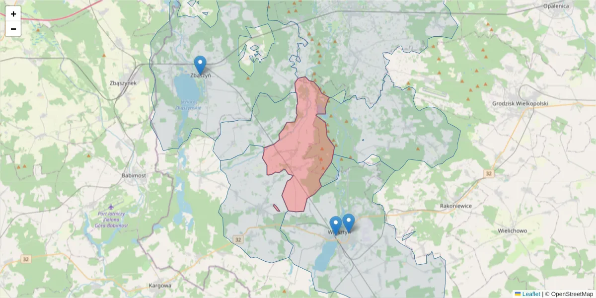 Szczegółowa mapa kodu pocztowego 64-232 z granicami, sąsiednimi kodami pocztowymi i urzędami pocztowymi