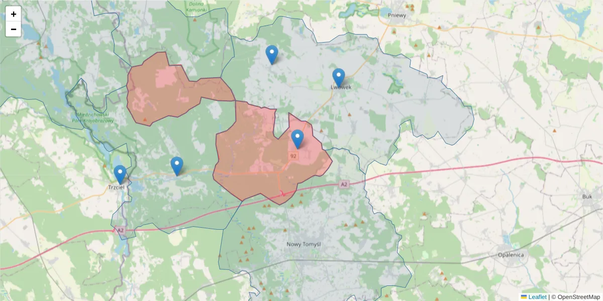 Szczegółowa mapa kodu pocztowego 64-305 z granicami, sąsiednimi kodami pocztowymi i urzędami pocztowymi