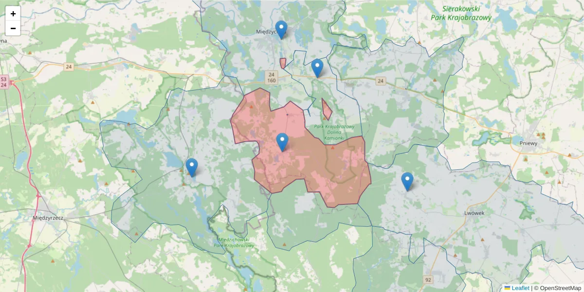 Szczegółowa mapa kodu pocztowego 64-426 z granicami, sąsiednimi kodami pocztowymi i urzędami pocztowymi