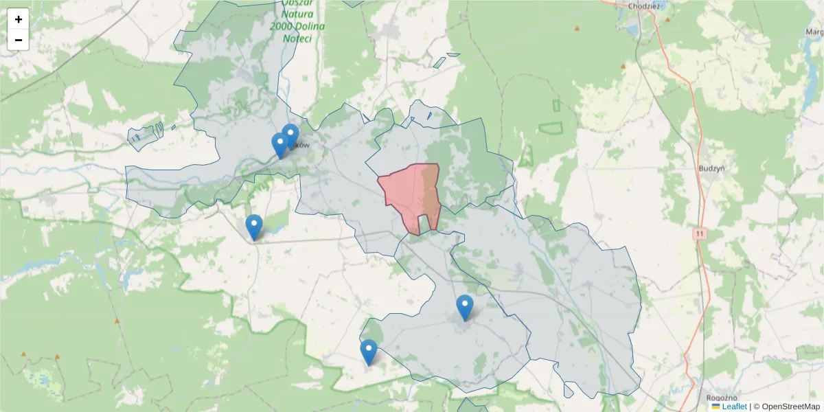Szczegółowa mapa kodu pocztowego 64-708 z granicami, sąsiednimi kodami pocztowymi i urzędami pocztowymi