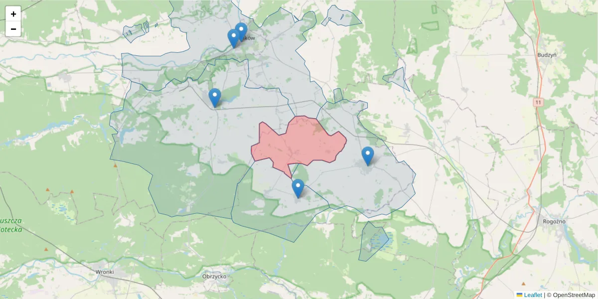 Szczegółowa mapa kodu pocztowego 64-711 z granicami, sąsiednimi kodami pocztowymi i urzędami pocztowymi