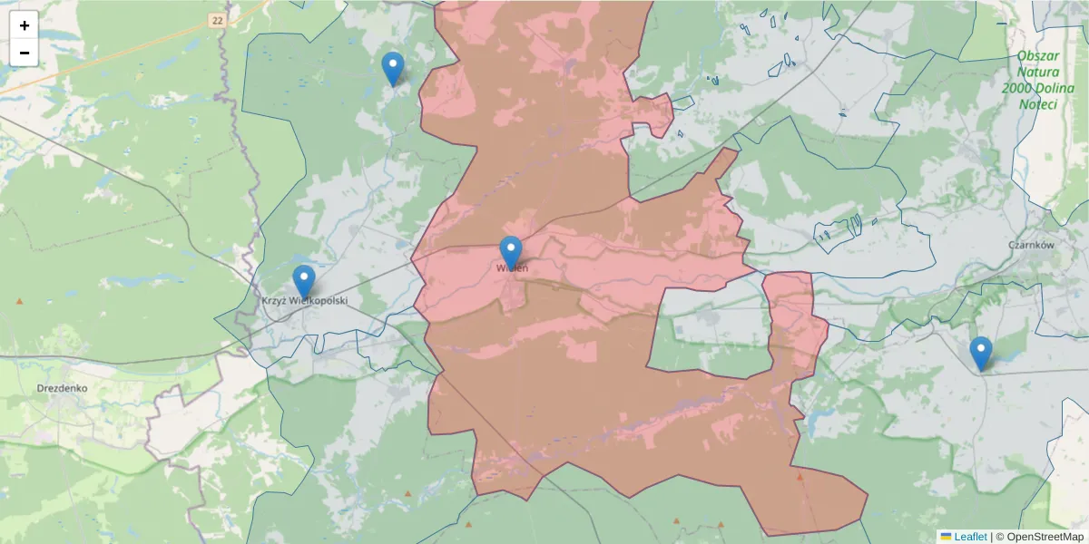 Szczegółowa mapa kodu pocztowego 64-730 z granicami, sąsiednimi kodami pocztowymi i urzędami pocztowymi