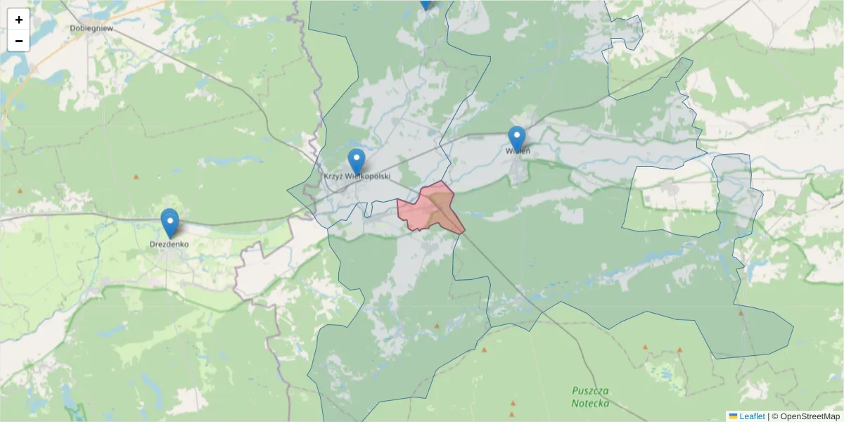 Szczegółowa mapa kodu pocztowego 64-731 z granicami, sąsiednimi kodami pocztowymi i urzędami pocztowymi