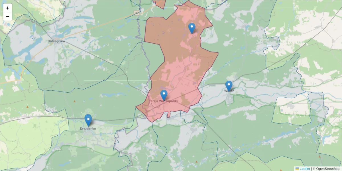 Szczegółowa mapa kodu pocztowego 64-761 z granicami, sąsiednimi kodami pocztowymi i urzędami pocztowymi