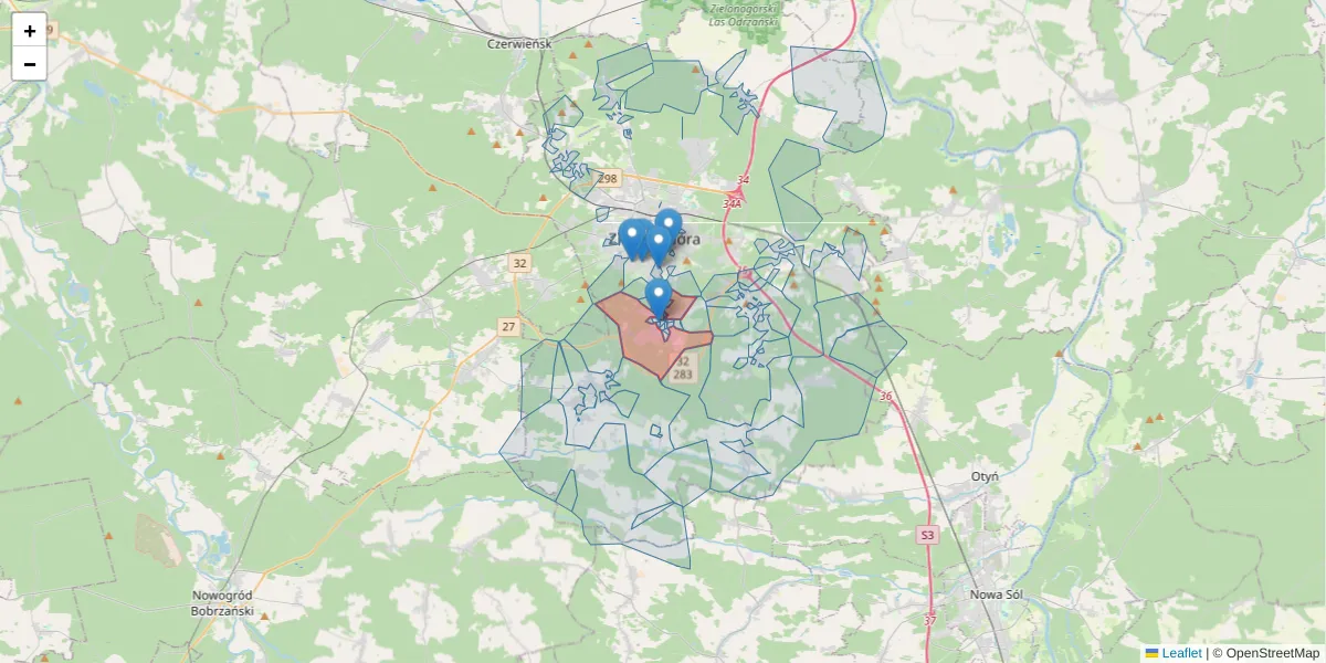 Szczegółowa mapa kodu pocztowego 65-012 z granicami, sąsiednimi kodami pocztowymi i urzędami pocztowymi