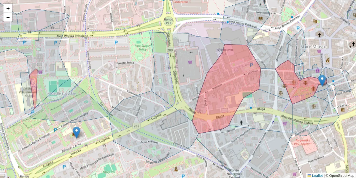 Szczegółowa mapa kodu pocztowego 65-018 z granicami, sąsiednimi kodami pocztowymi i urzędami pocztowymi