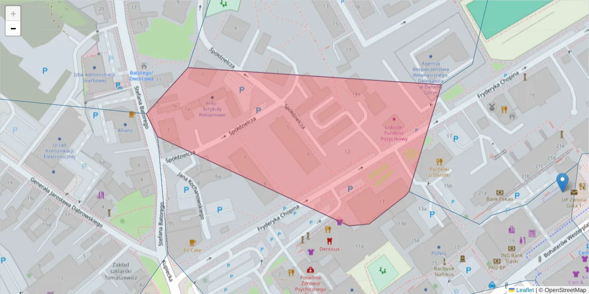 Szczegółowa mapa kodu pocztowego 65-031 z granicami, sąsiednimi kodami pocztowymi i urzędami pocztowymi