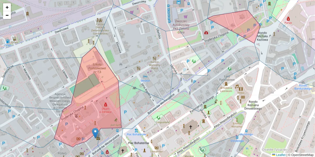 Szczegółowa mapa kodu pocztowego 65-032 z granicami, sąsiednimi kodami pocztowymi i urzędami pocztowymi