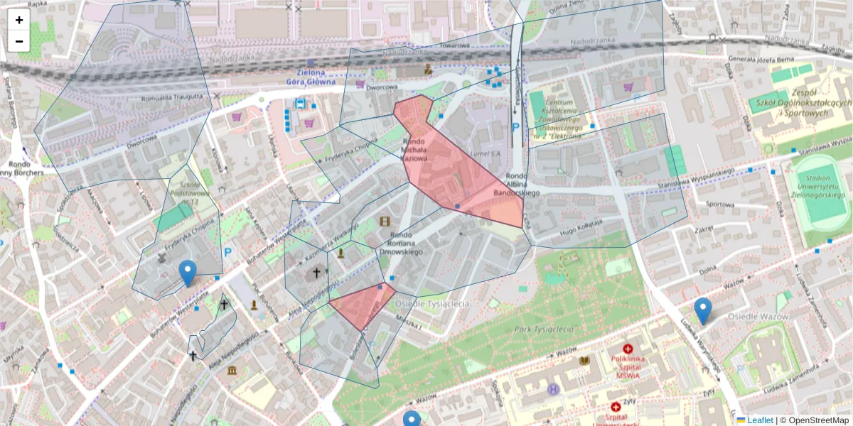Szczegółowa mapa kodu pocztowego 65-043 z granicami, sąsiednimi kodami pocztowymi i urzędami pocztowymi