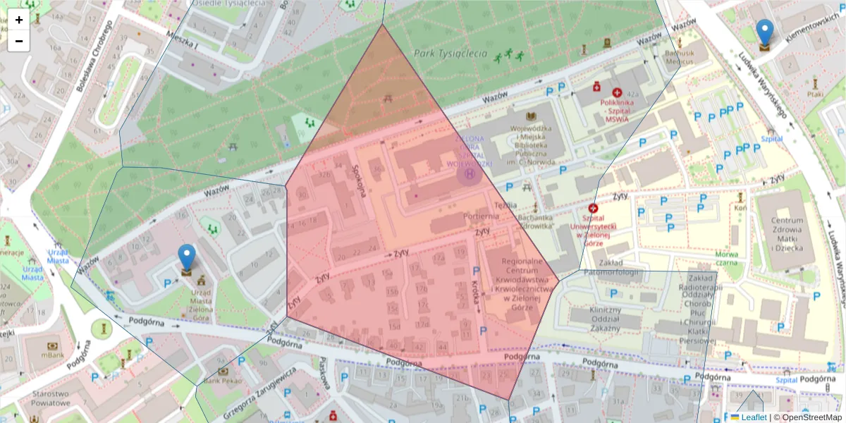 Szczegółowa mapa kodu pocztowego 65-046 z granicami, sąsiednimi kodami pocztowymi i urzędami pocztowymi
