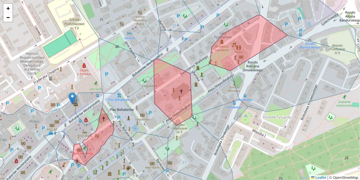Szczegółowa mapa kodu pocztowego 65-047 z granicami, sąsiednimi kodami pocztowymi i urzędami pocztowymi
