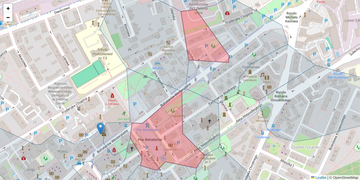 Szczegółowa mapa kodu pocztowego 65-050 z granicami, sąsiednimi kodami pocztowymi i urzędami pocztowymi