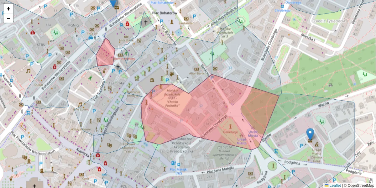 Szczegółowa mapa kodu pocztowego 65-054 z granicami, sąsiednimi kodami pocztowymi i urzędami pocztowymi