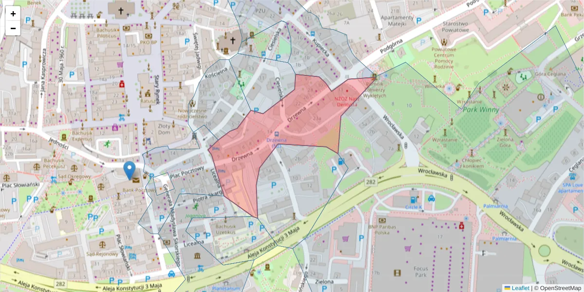 Szczegółowa mapa kodu pocztowego 65-060 z granicami, sąsiednimi kodami pocztowymi i urzędami pocztowymi