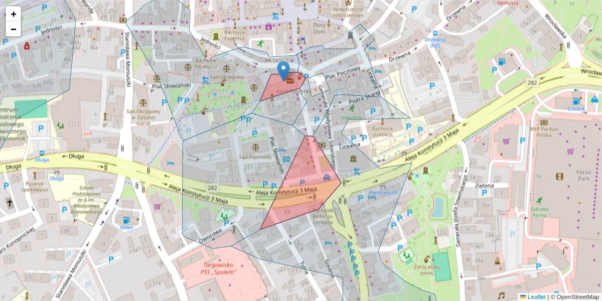 Szczegółowa mapa kodu pocztowego 65-061 z granicami, sąsiednimi kodami pocztowymi i urzędami pocztowymi