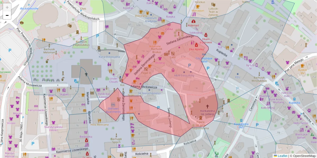 Szczegółowa mapa kodu pocztowego 65-066 z granicami, sąsiednimi kodami pocztowymi i urzędami pocztowymi