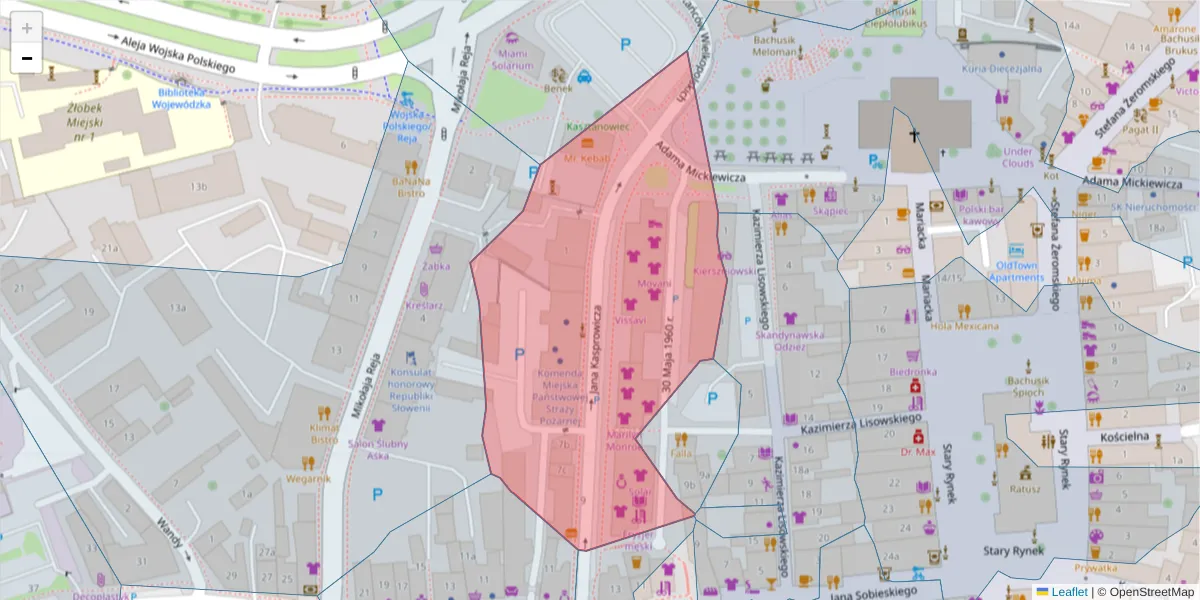 Szczegółowa mapa kodu pocztowego 65-074 z granicami, sąsiednimi kodami pocztowymi i urzędami pocztowymi