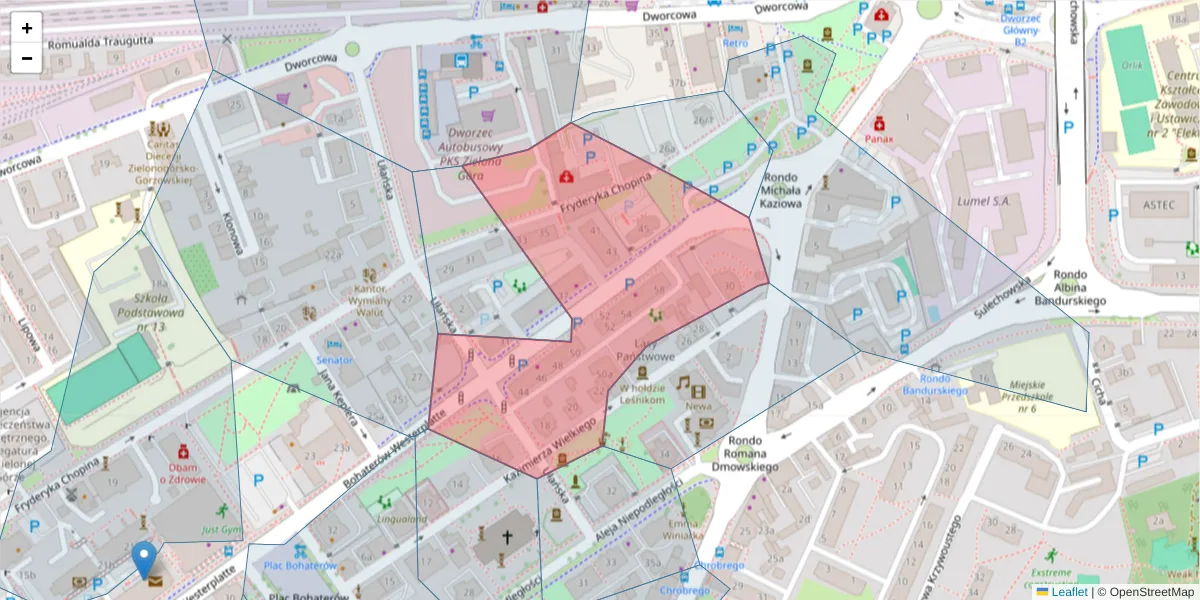 Szczegółowa mapa kodu pocztowego 65-078 z granicami, sąsiednimi kodami pocztowymi i urzędami pocztowymi