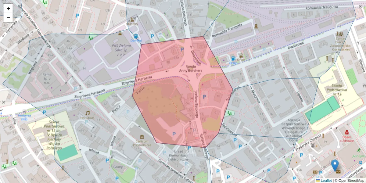 Szczegółowa mapa kodu pocztowego 65-084 z granicami, sąsiednimi kodami pocztowymi i urzędami pocztowymi