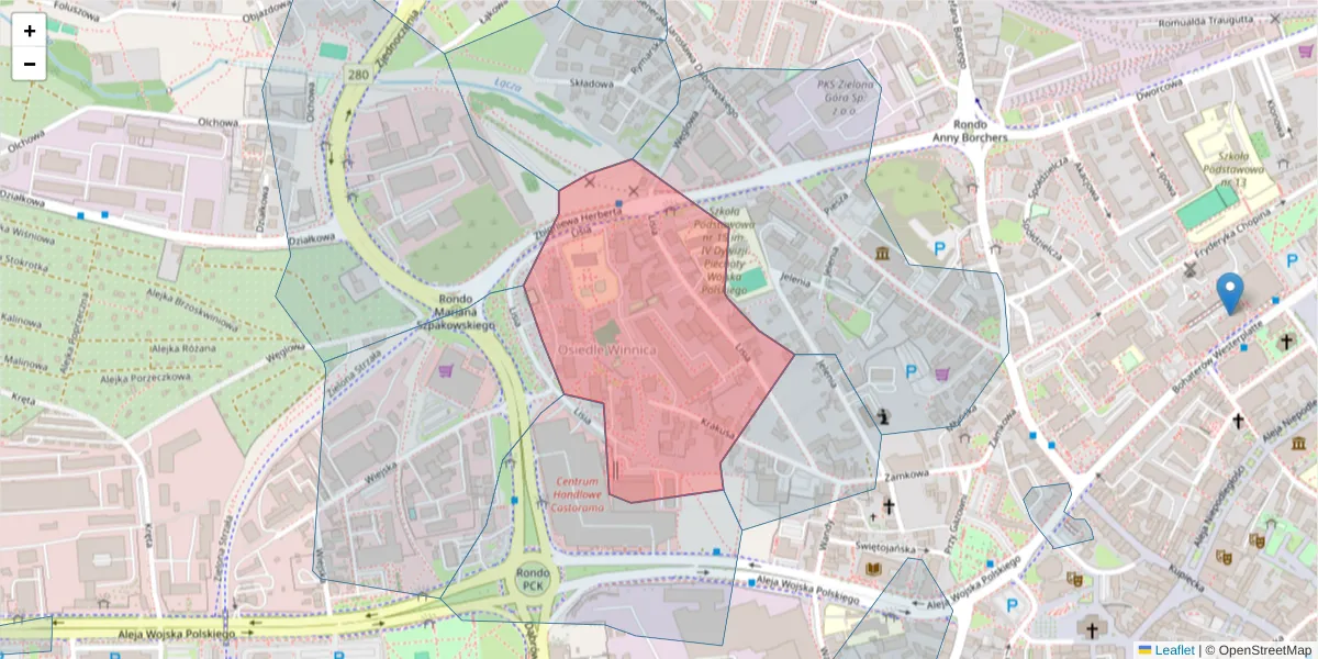 Szczegółowa mapa kodu pocztowego 65-093 z granicami, sąsiednimi kodami pocztowymi i urzędami pocztowymi